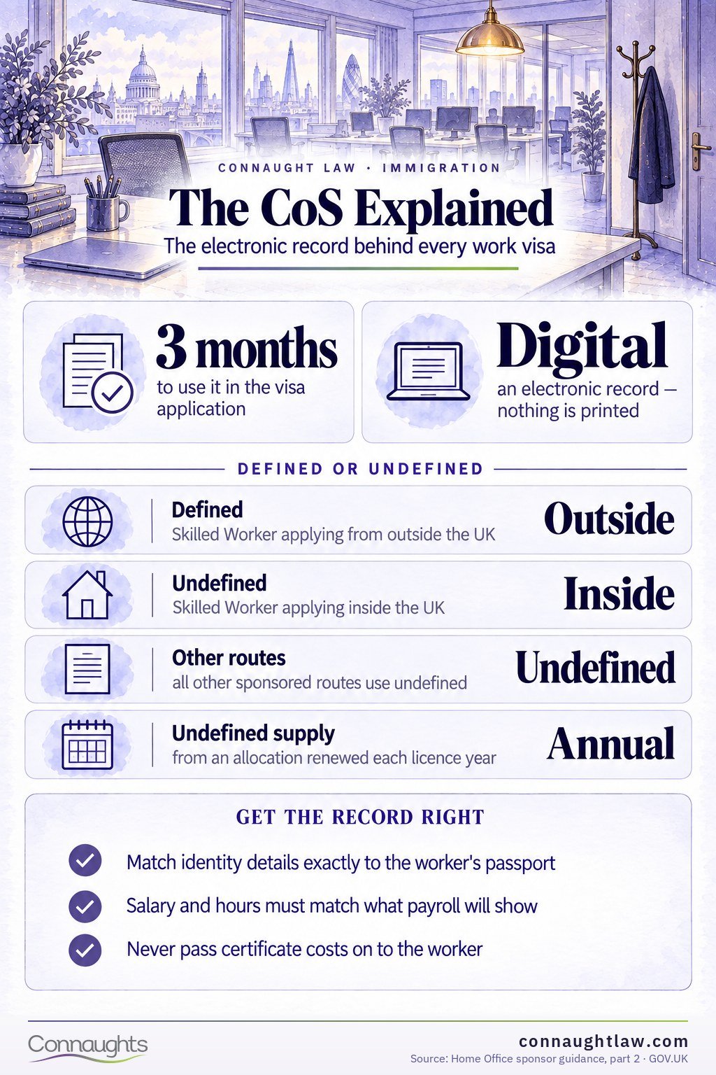 The CoS Explained Certificate of Sponsorship infographic — defined versus undefined certificates, which routes each covers