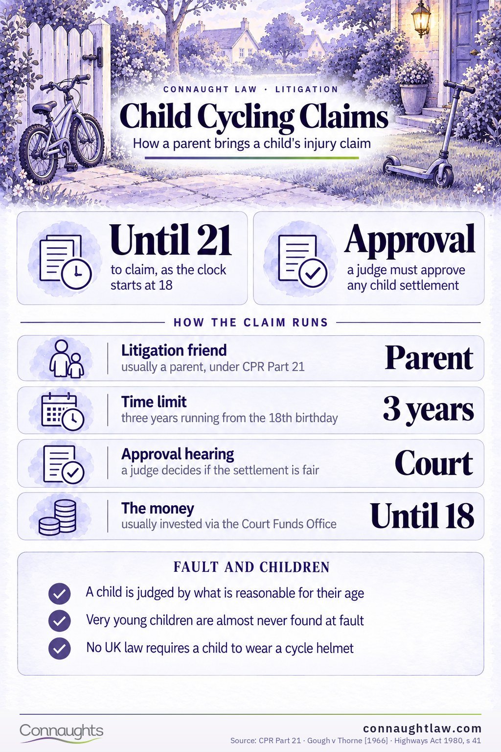 Child cycling accident claims UK infographic — who can be liable and the protections built into every child claim