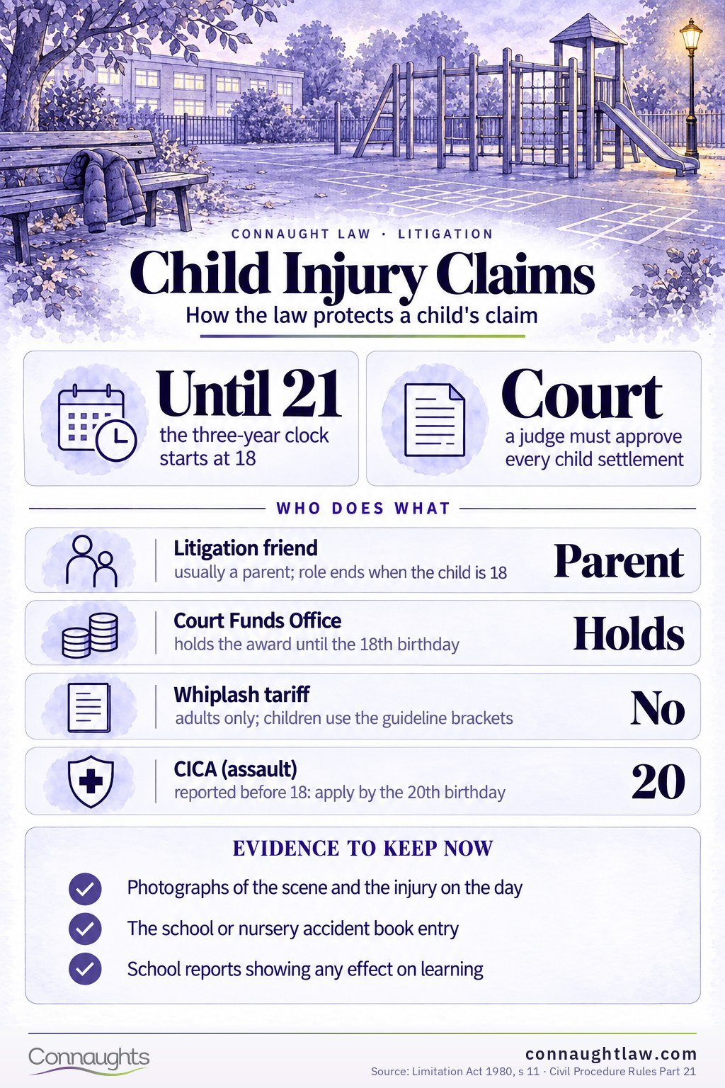 Child Injury Claims Child injury compensation UK infographic — the protections in every child claim including litigation friends and court approval