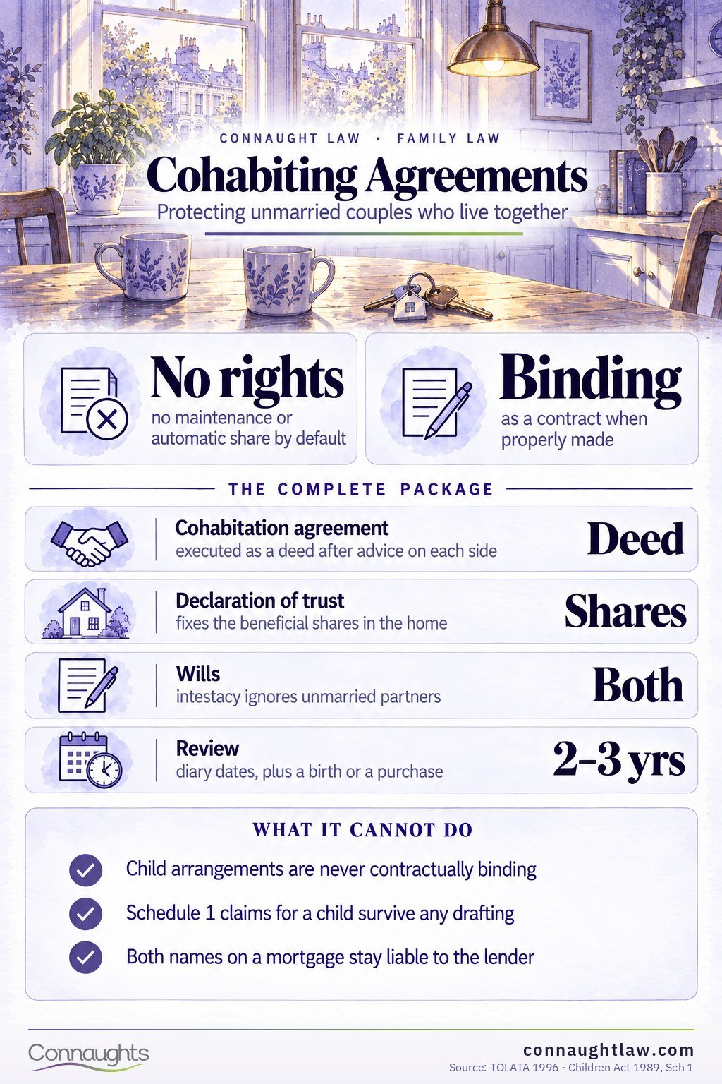 Cohabitation agreement UK infographic — property shares, who pays what, contributions, what happens on a split and arrangements for children