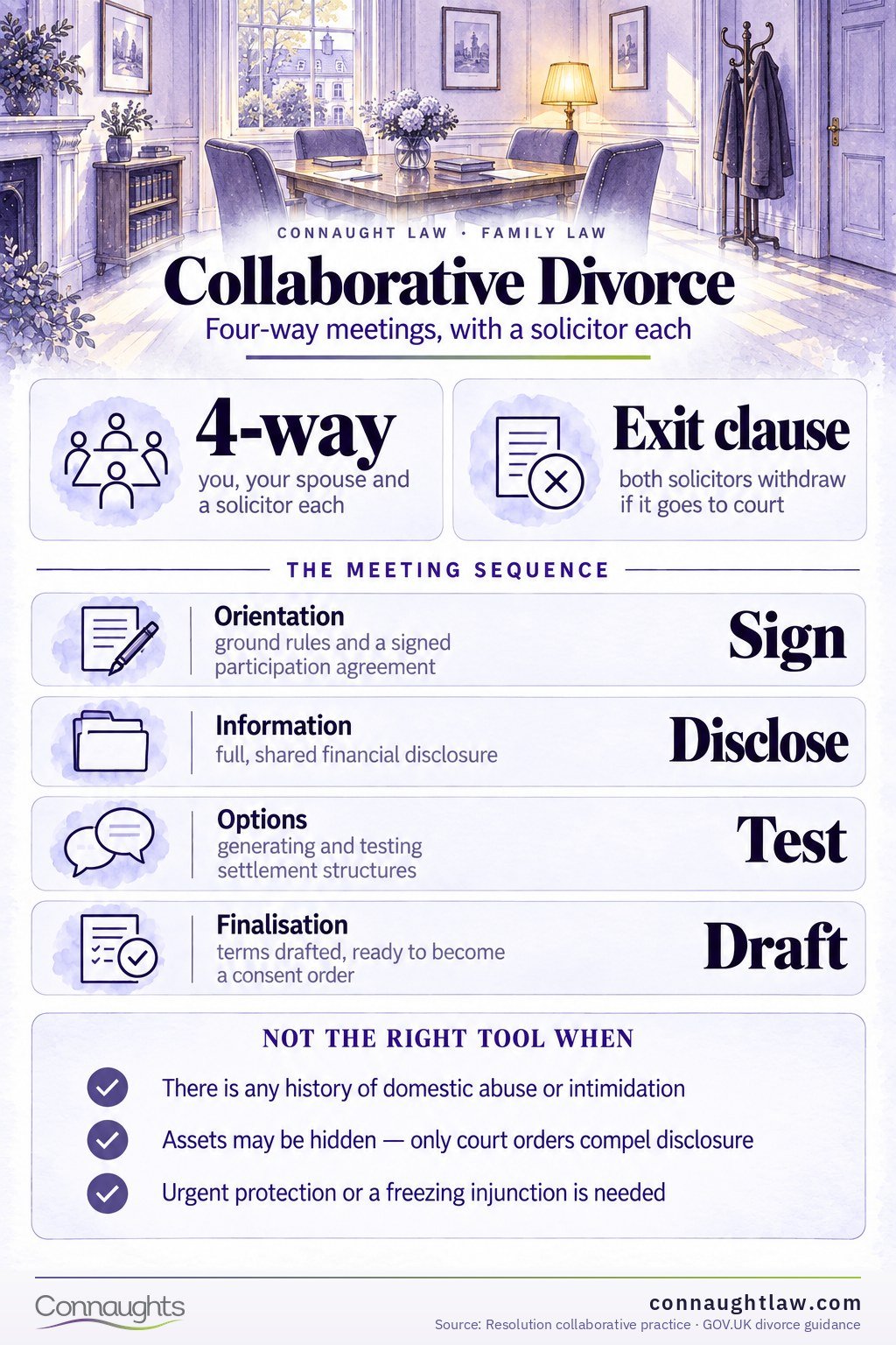 Collaborative divorce UK infographic — four-way meetings, the disqualification agreement, and how the process compares with mediation and court