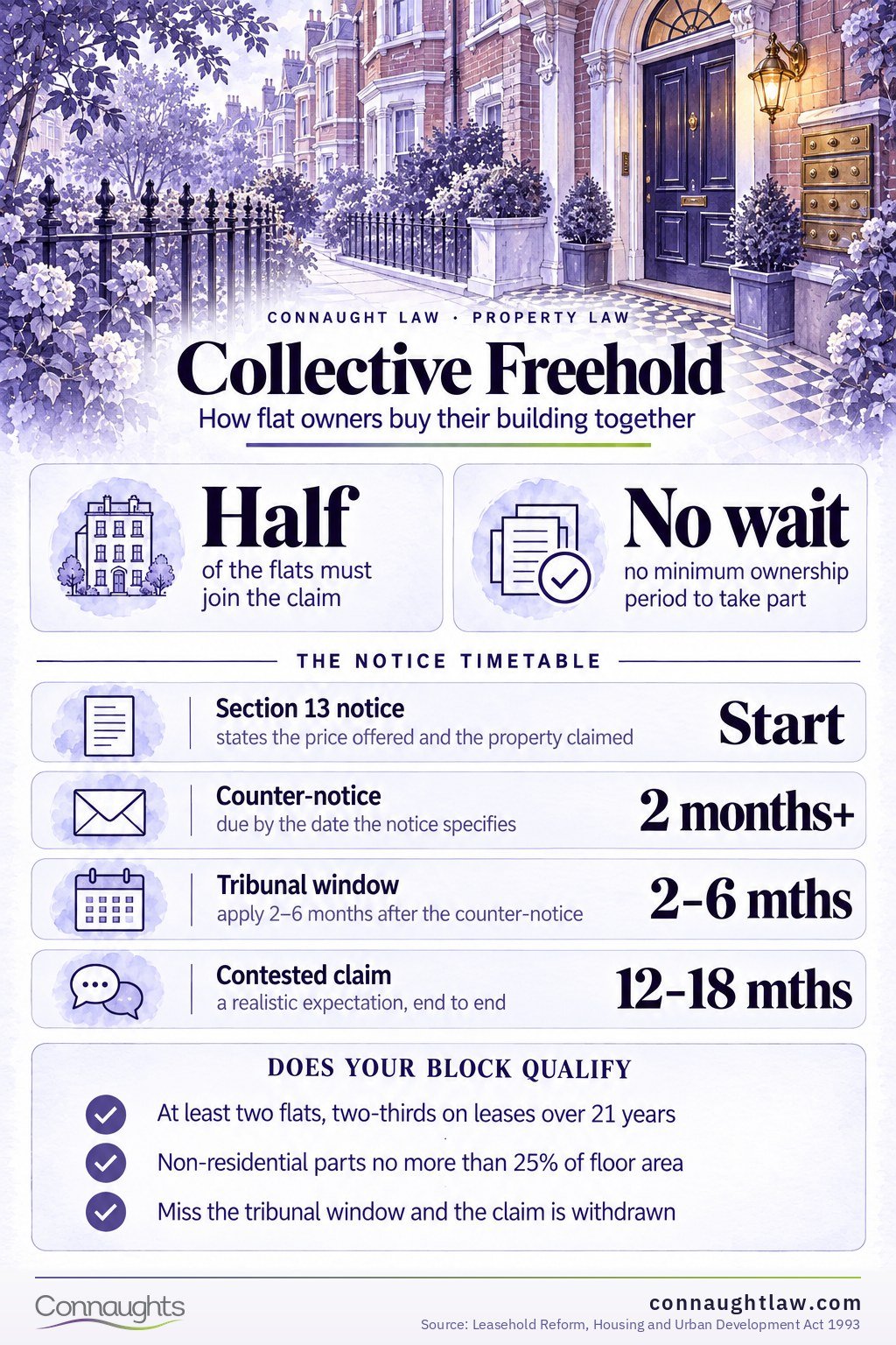 Collective Freehold Collective enfranchisement infographic — qualifying rules, which 2024 Act reforms are in force and which are not, timeline and the 80-year line