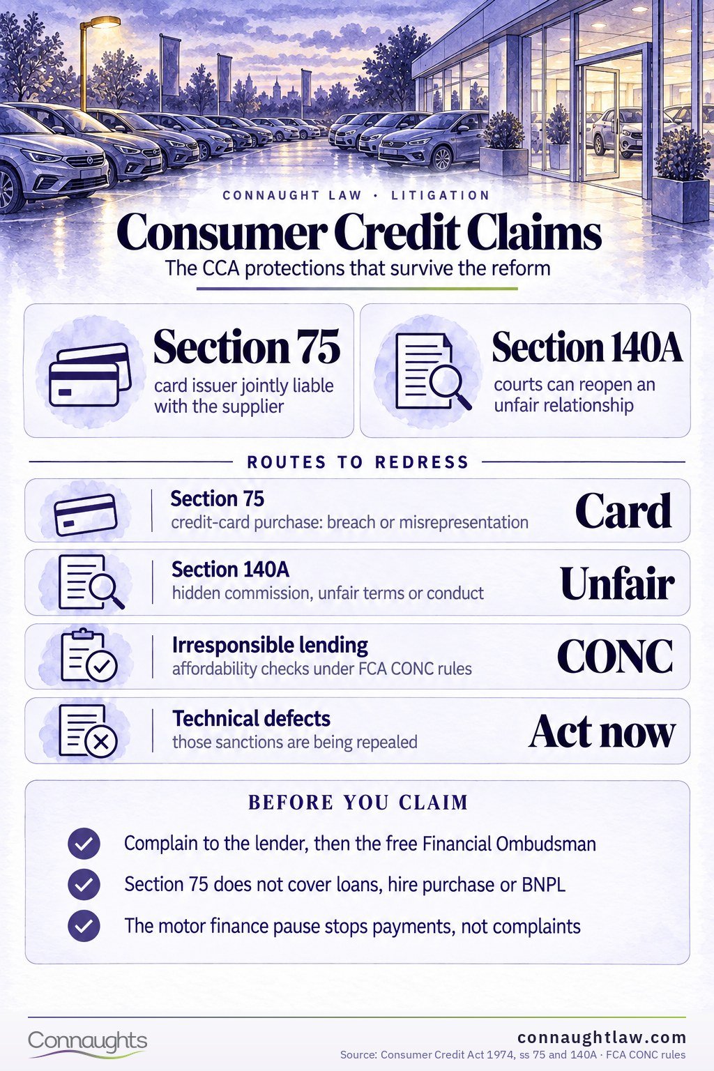 Consumer Credit Act claims UK infographic — section 75, section 140A, improper execution and irresponsible lending routes