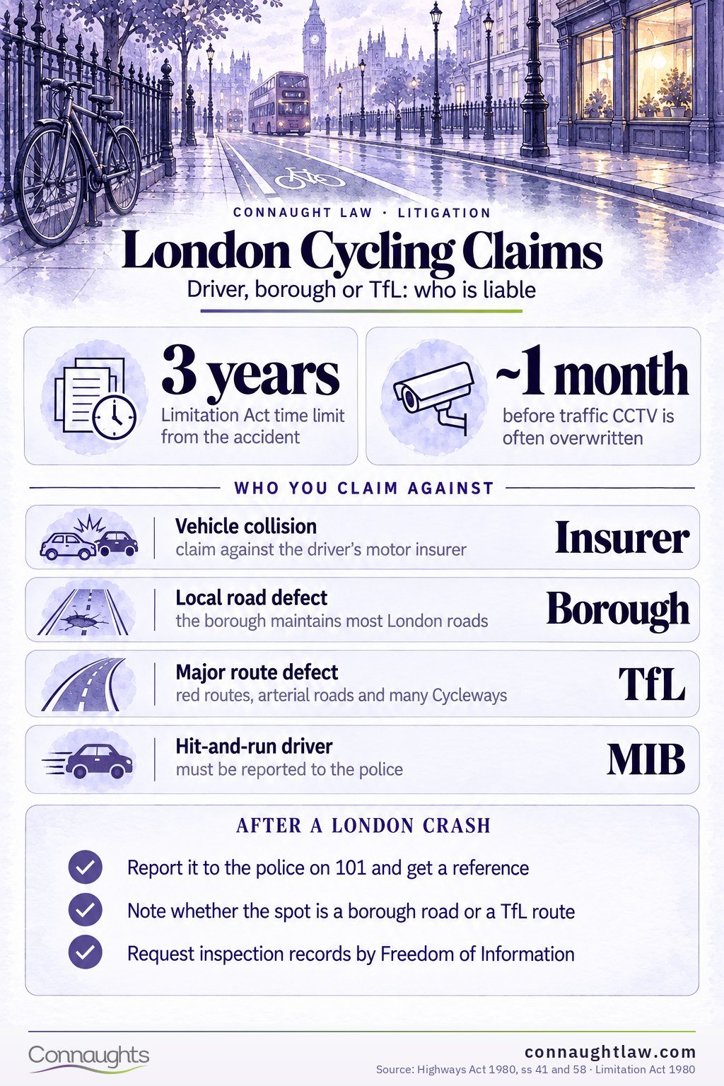 Cycling accident claims London infographic — the driver, the borough, the TfL Road Network or the MIB: which defendant answers for a London cycling accident