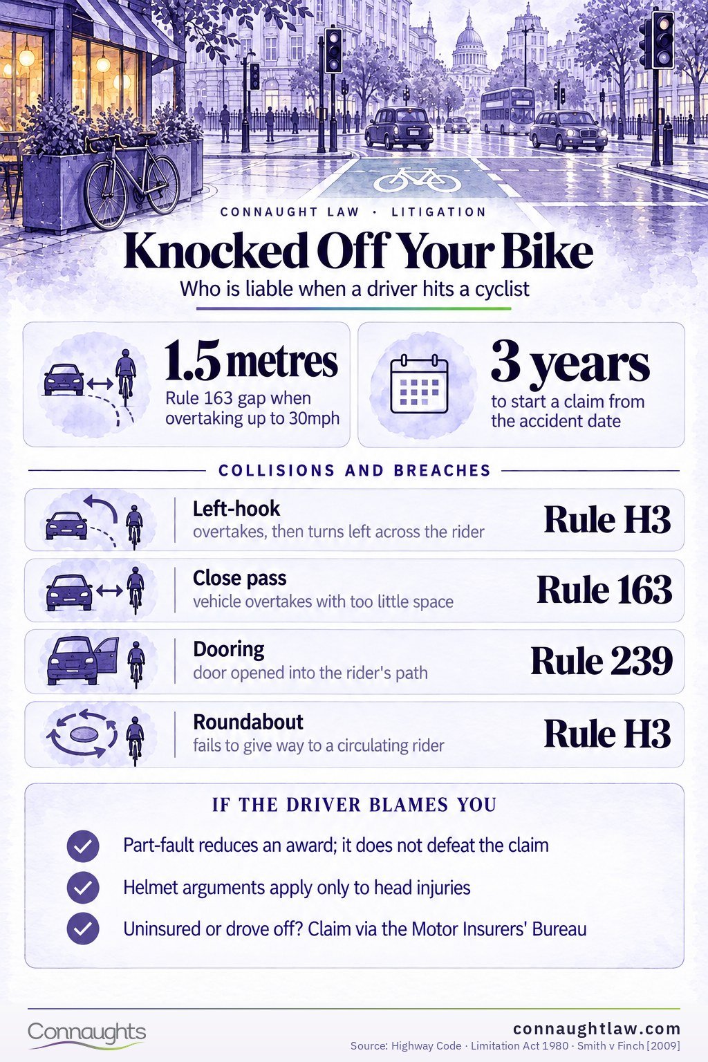 Cyclist knocked off bike compensation UK infographic — the five common collisions and the Highway Code rules drivers broke