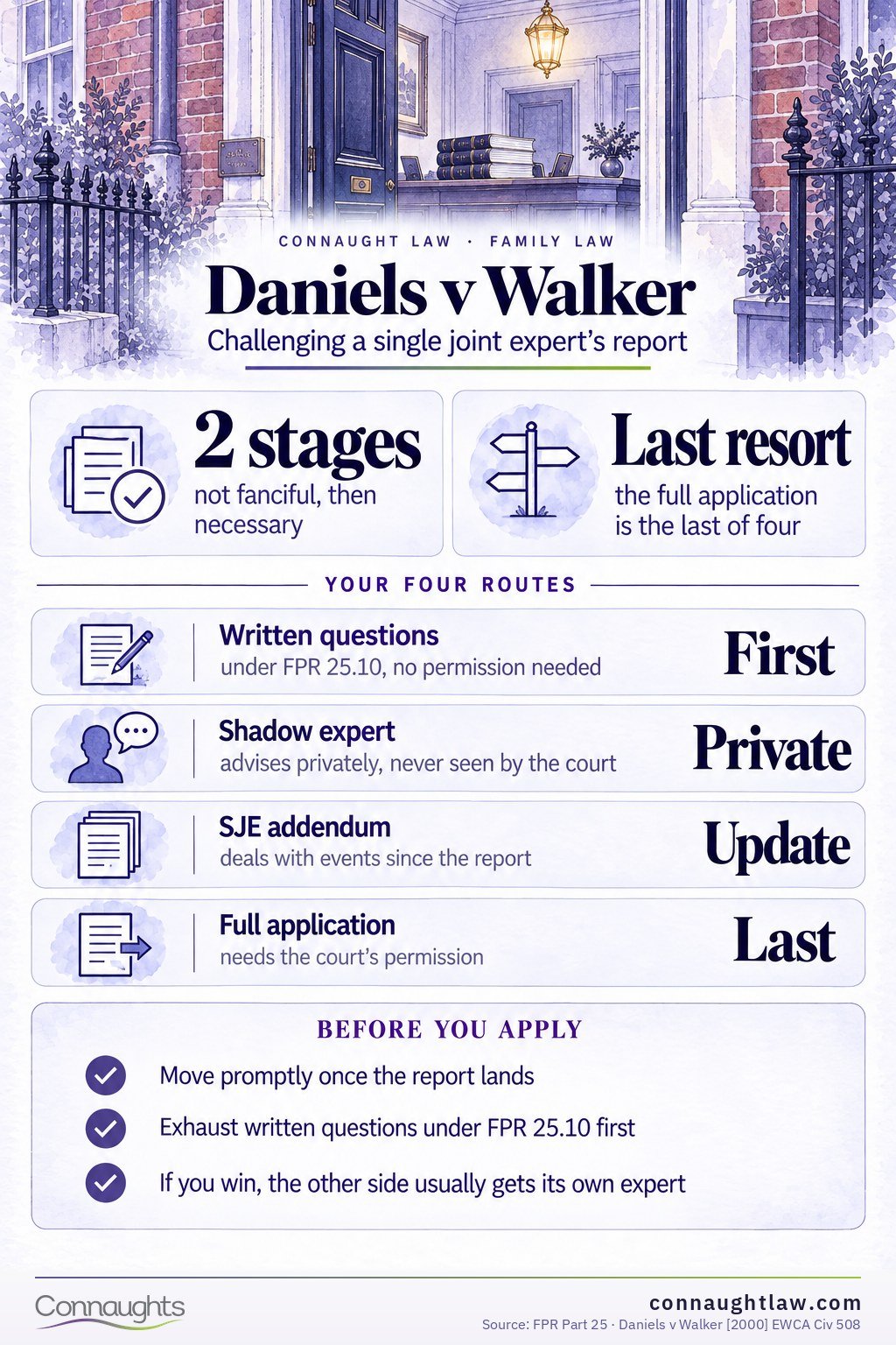 Daniels v Walker Daniels v Walker application infographic — the two-stage test for challenging a single joint expert report and the cheaper routes to try first