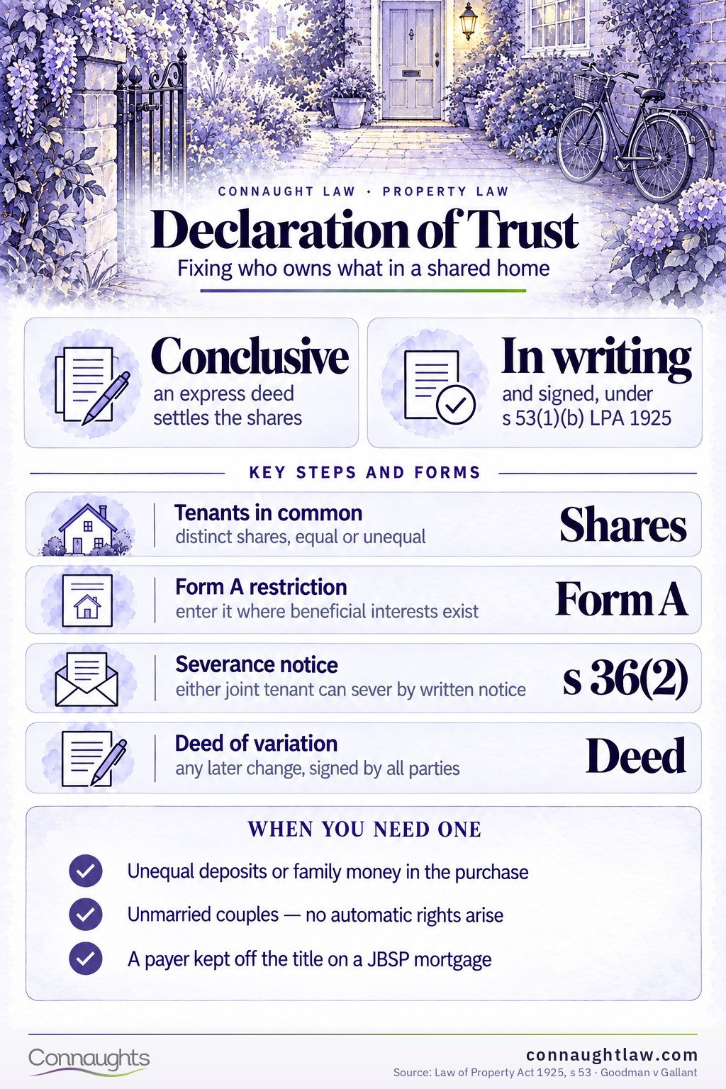 Declaration of Trust Declaration of trust infographic — joint tenants versus tenants in common, survivorship, Form A restriction and recording unequal contributions