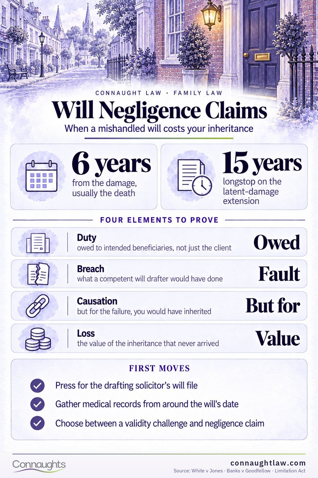 Will Negligence Claims Disappointed beneficiary claims infographic — negligence claims against will drafters, capacity challenges and the time limits that apply