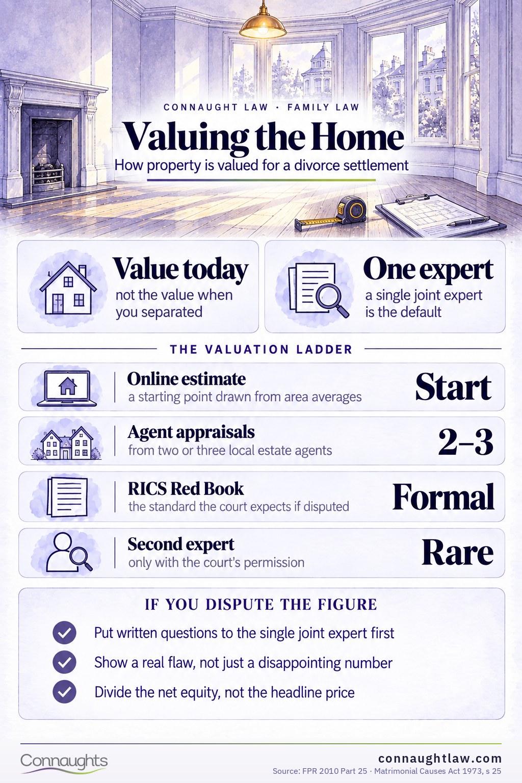 Valuing the Home Divorce valuation UK infographic — how the family home, businesses, pensions and investments are valued for a fair financial settlement