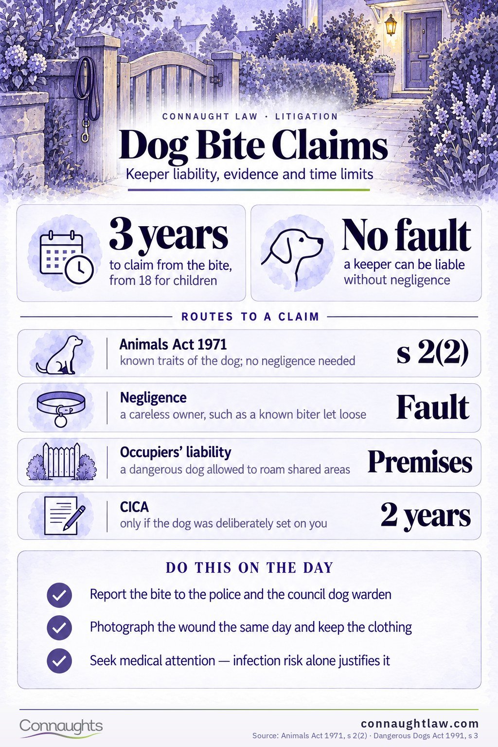 Dog bite compensation UK infographic — four routes to compensation including Animals Act 1971 strict liability and CICA (Judicial College Guidelines, 18th edition)