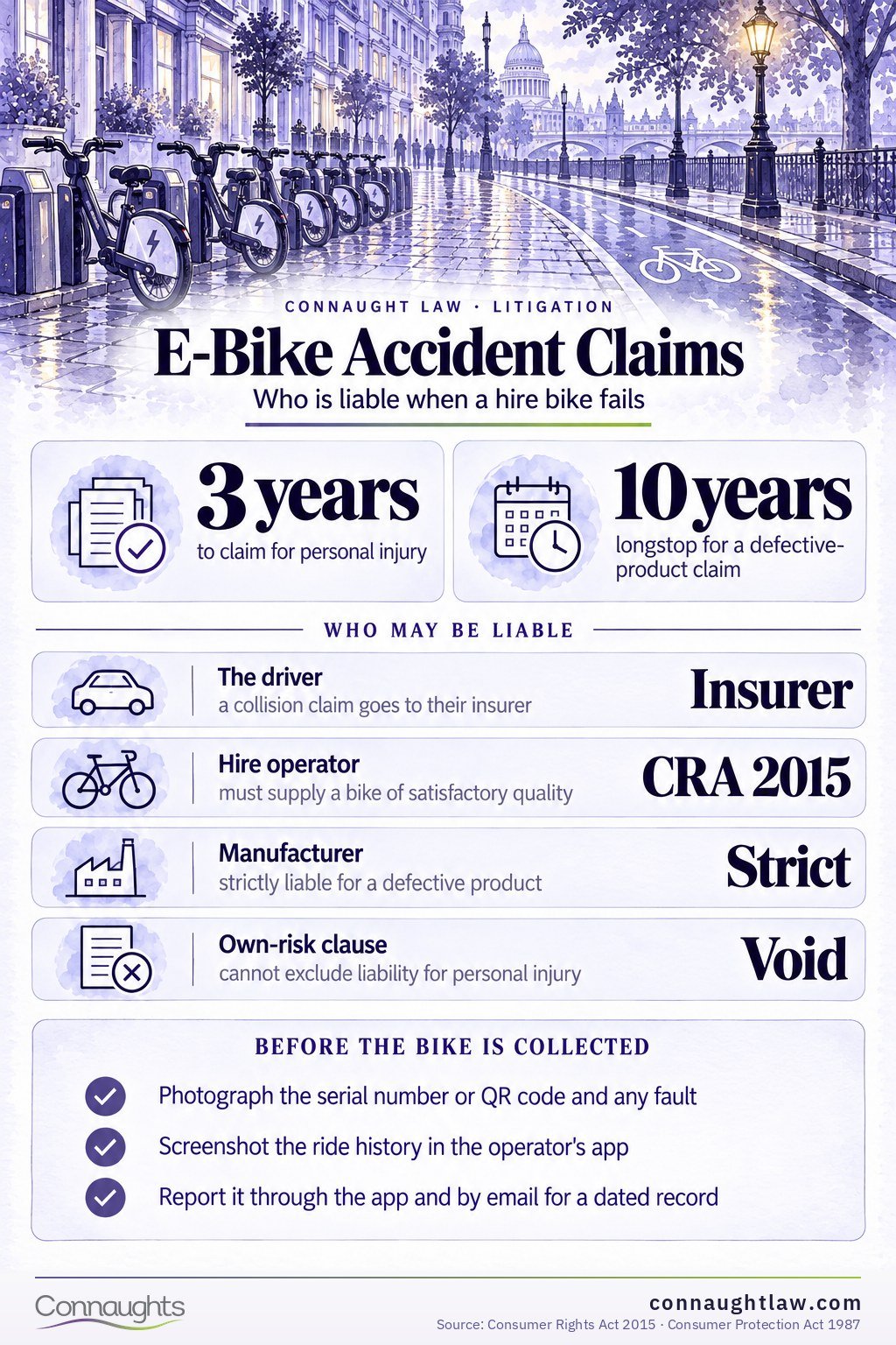 E-bike accident claims UK infographic — EAPC rules deciding whether an e-bike is legally a bicycle or a motor vehicle