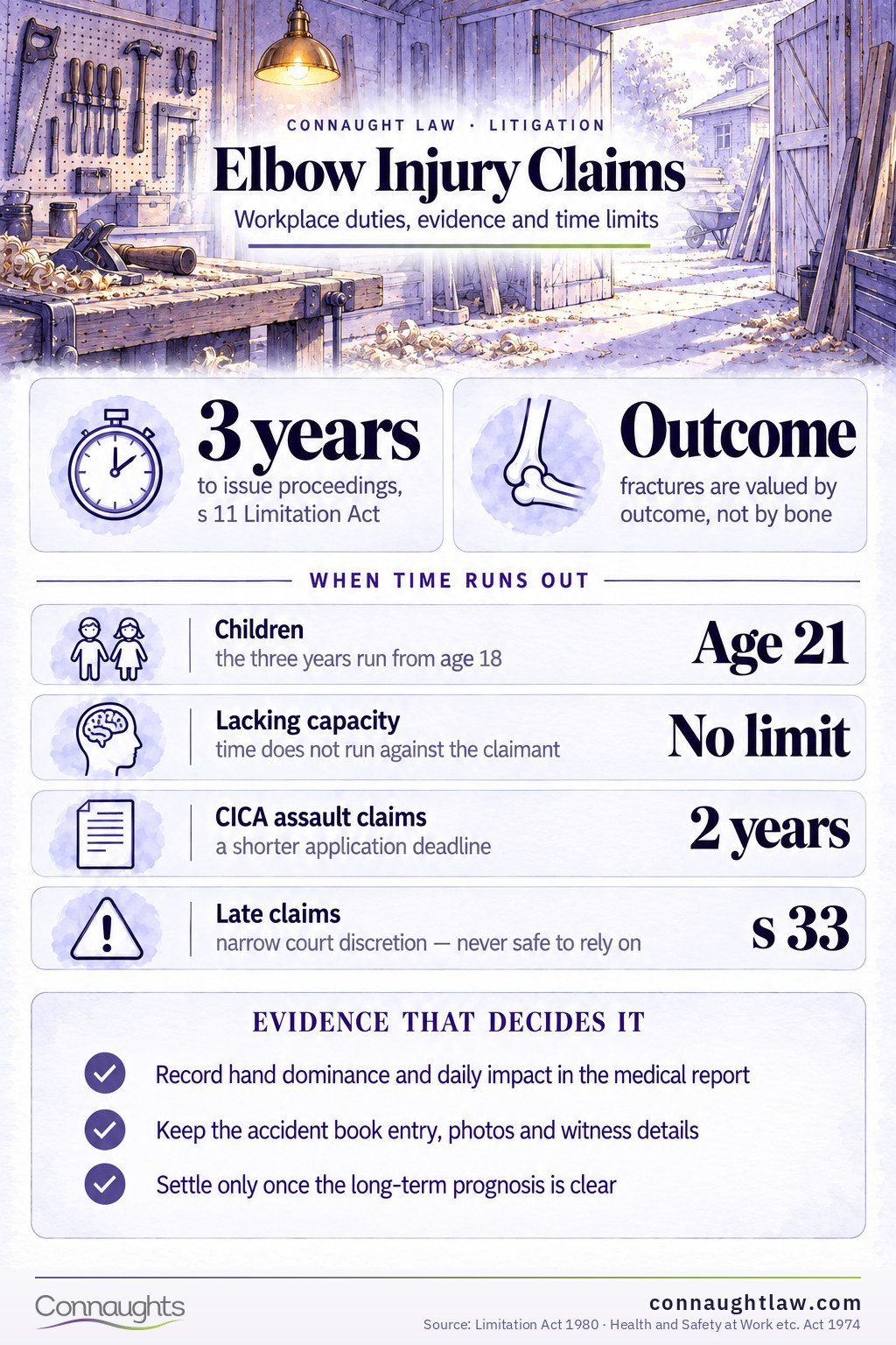 Elbow Injury Claims Elbow injury compensation UK infographic — Judicial College brackets from simple fractures and tennis elbow to severely disabling injuries (Judicial College Guidelines, 18th edition)