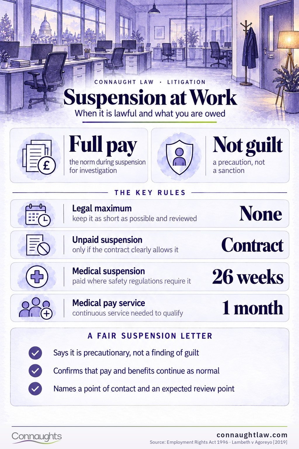 Employee suspension UK infographic — five rules employers must follow, and the Lambeth v Agoreyo test of reasonable and proper cause