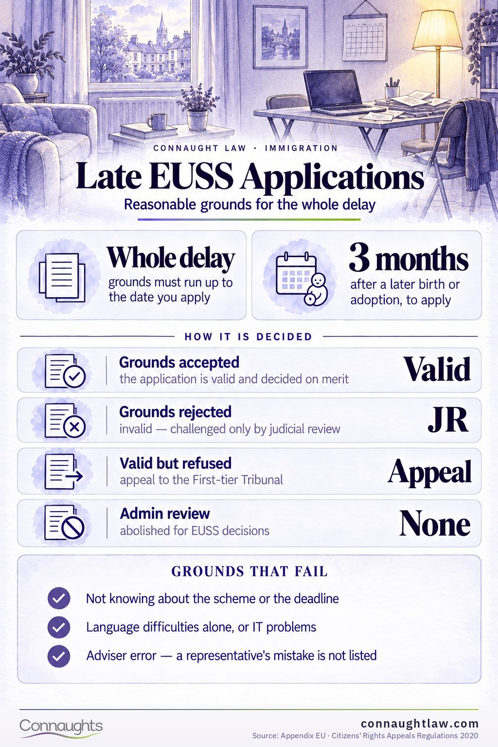 EU Settlement Scheme Late Applications 2026 infographic — five explanations the guidance rejects