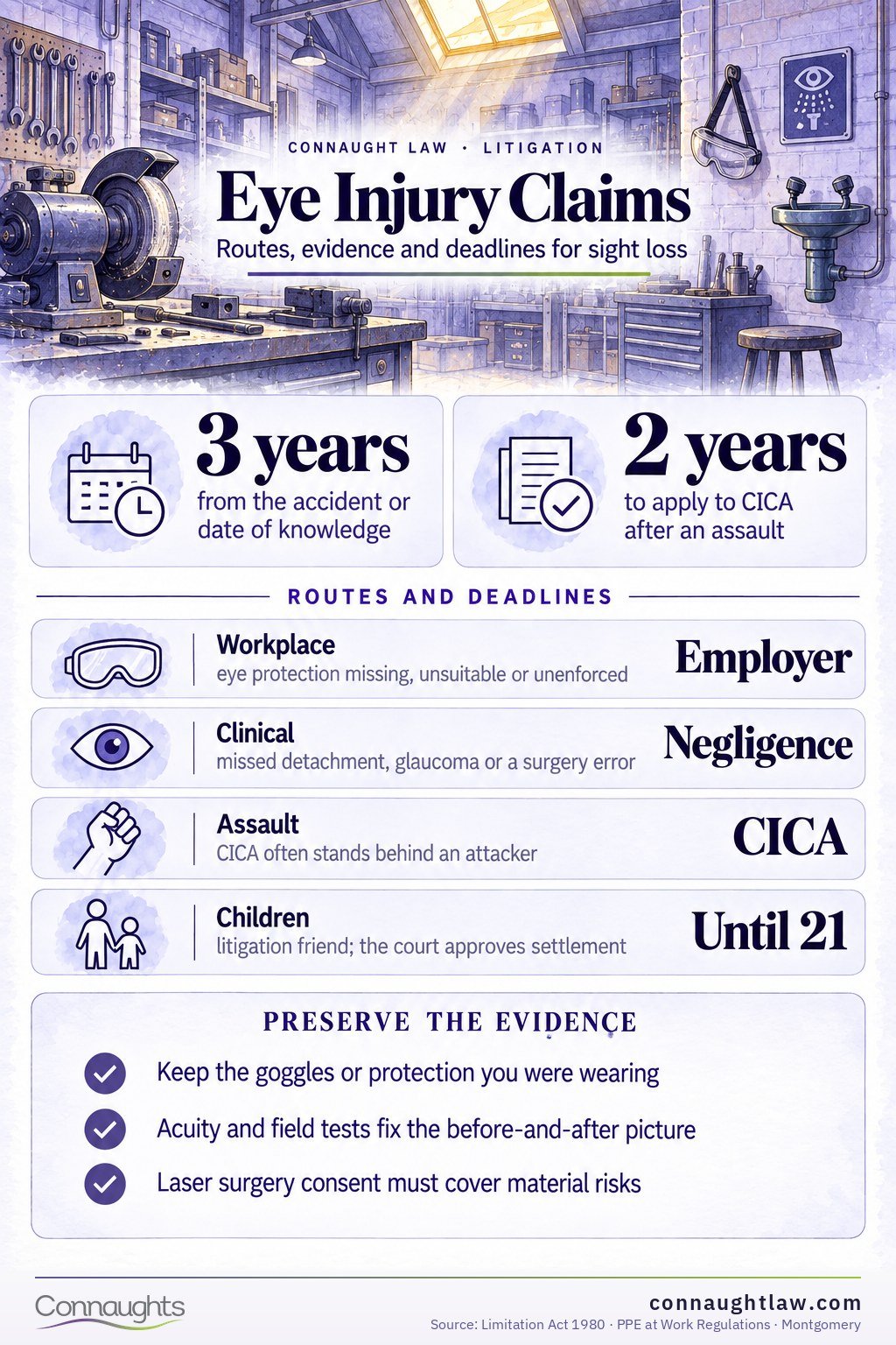 Eye injury compensation UK infographic — Judicial College brackets from minor injuries to loss of an eye and reduced vision in the remaining eye (Judicial College Guidelines, 18th edition)
