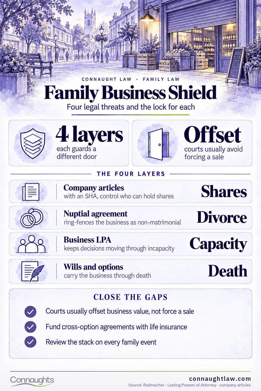 Family business protection UK infographic — constitutional, matrimonial, incapacity and succession layers of protection