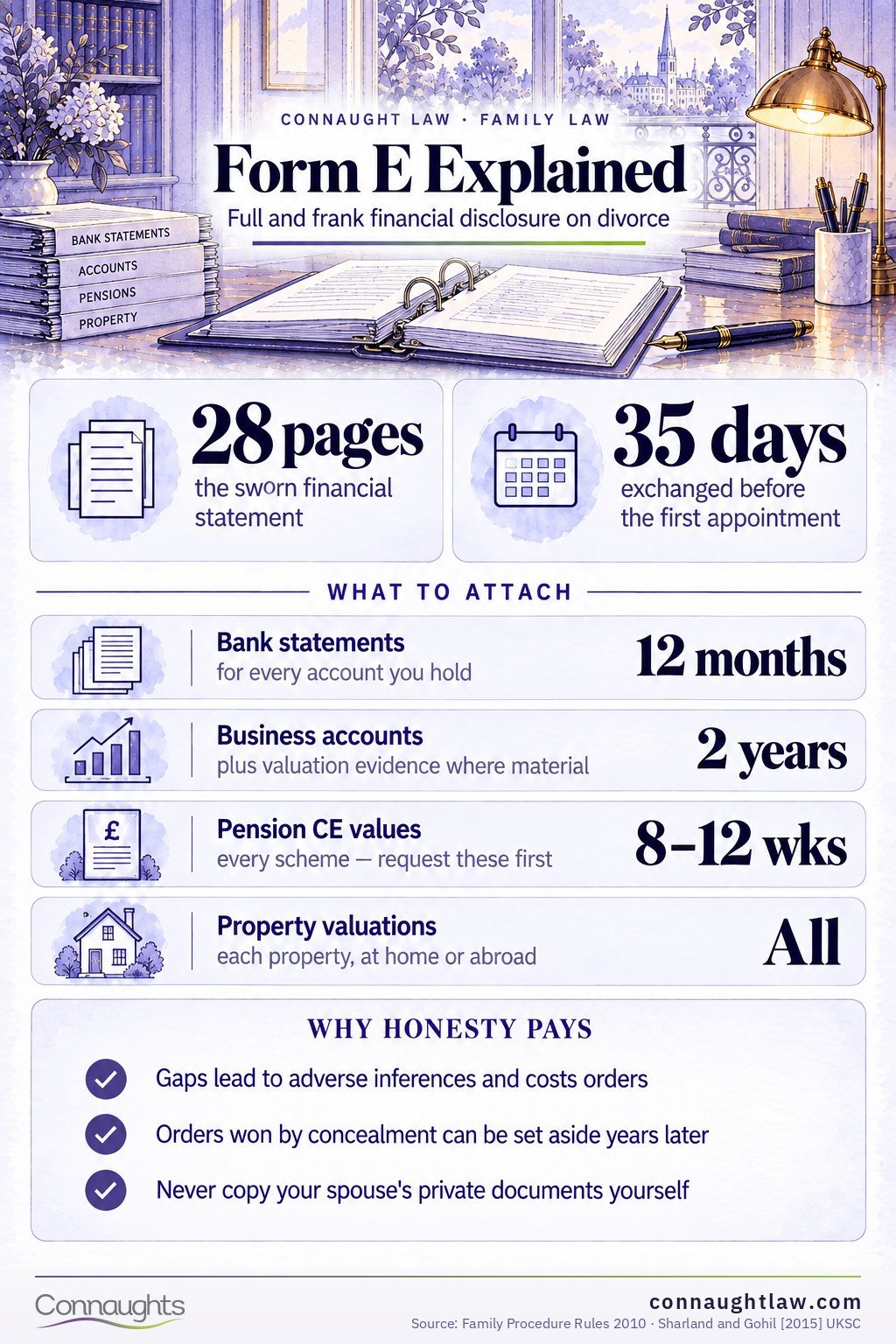 Form E financial disclosure infographic — the sworn divorce financial statement, the documents required and the risks of hiding assets