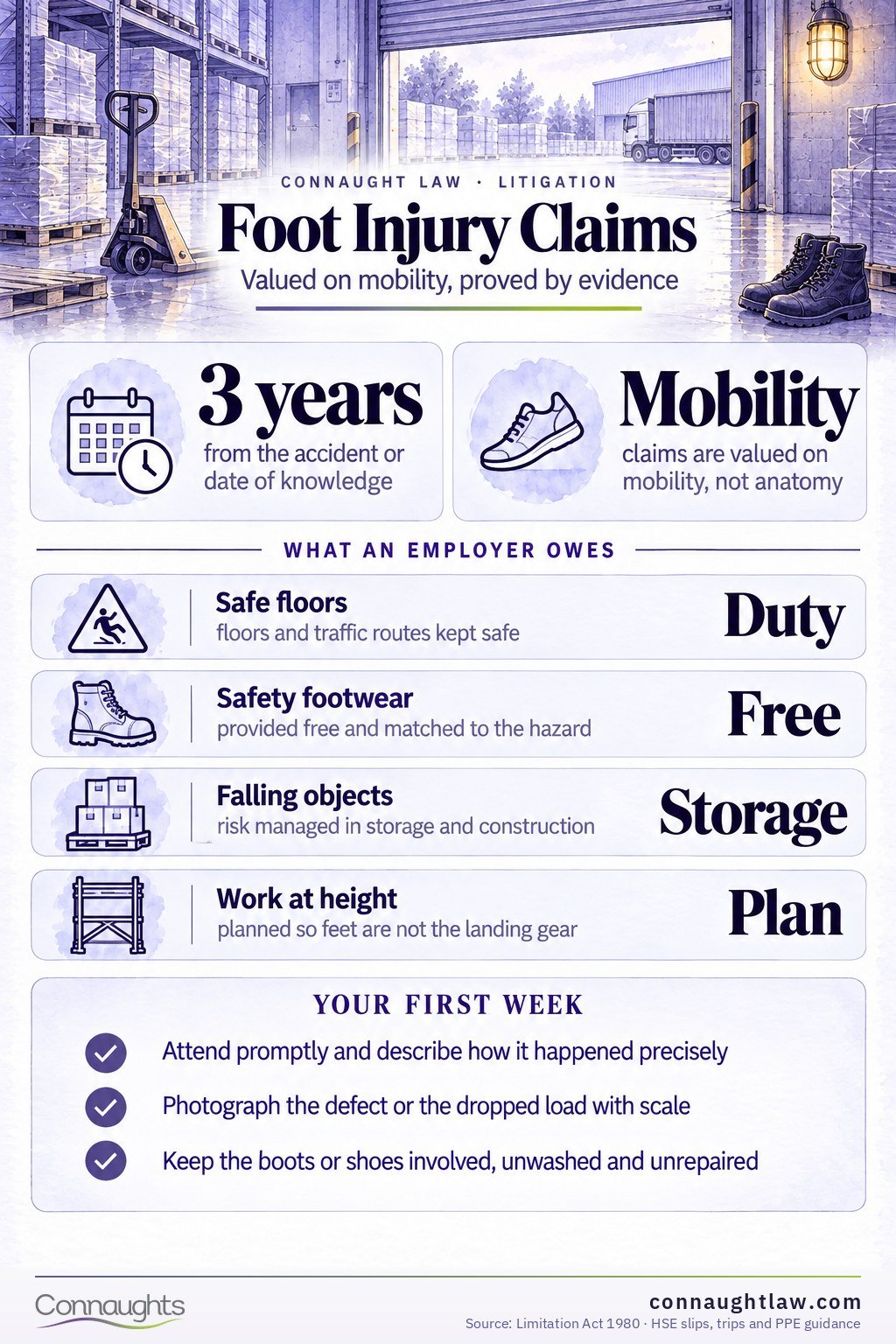 Foot injury compensation UK infographic — Judicial College brackets from modest fractures to very severe injuries and loss of a foot (Judicial College Guidelines, 18th edition)