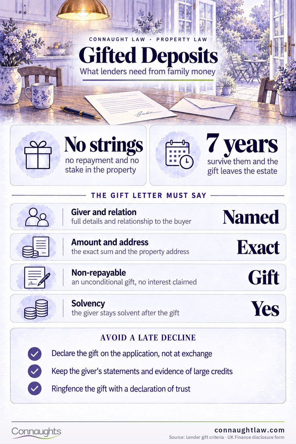 Gifted deposit infographic — lender rules, gift letter contents, rejection triggers and the seven-year inheritance tax rule