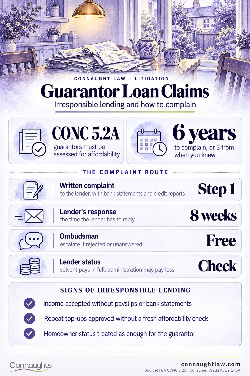 Guarantor loan claims UK infographic — affordability rules, the complaint route through the FOS and refunds with 8% interest