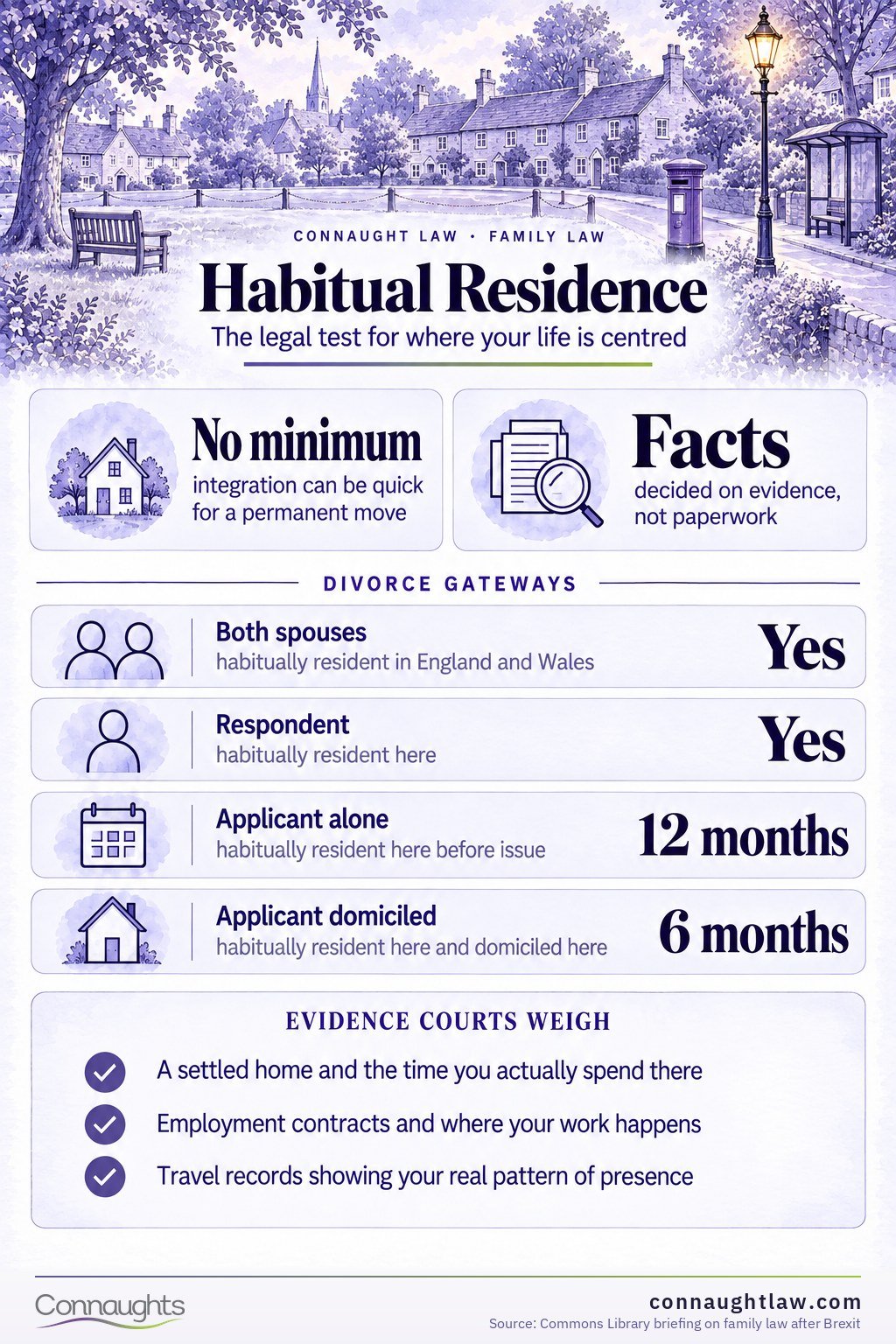 Habitual Residence Habitual residence UK infographic — the centre-of-interests test, evidence and how it differs from domicile