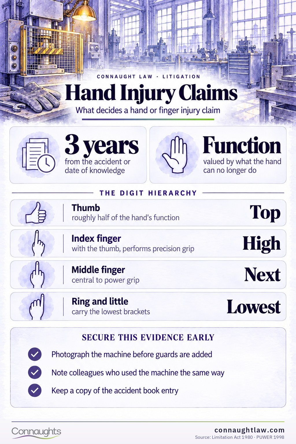 Hand and finger injury compensation UK infographic — Judicial College brackets from minor finger injuries to loss of a hand (Judicial College Guidelines, 18th edition)