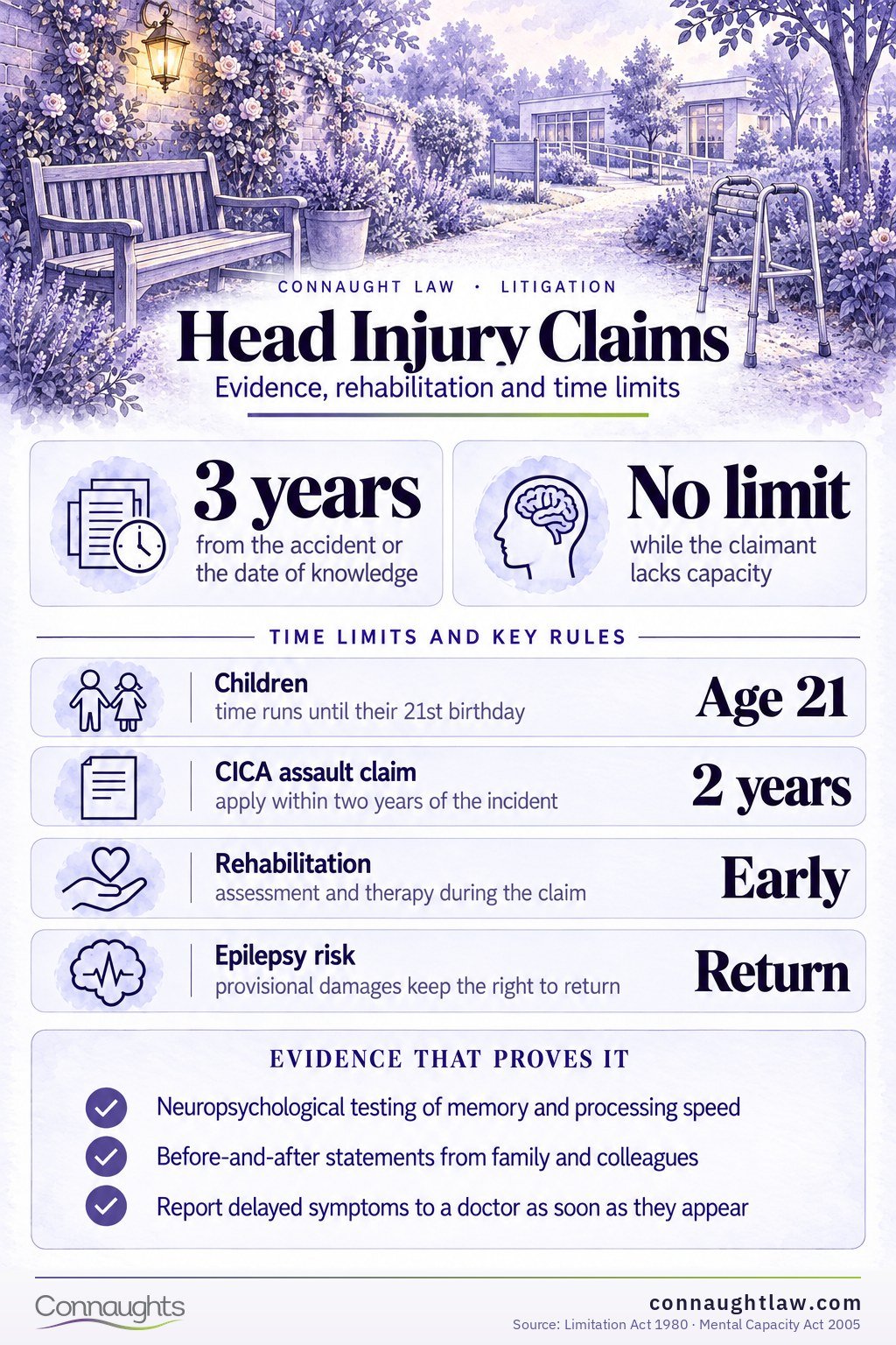 Head injury compensation UK infographic — Judicial College brain injury brackets from minor to very severe, with catastrophic lifetime packages above the brackets (18th edition, April 2026)