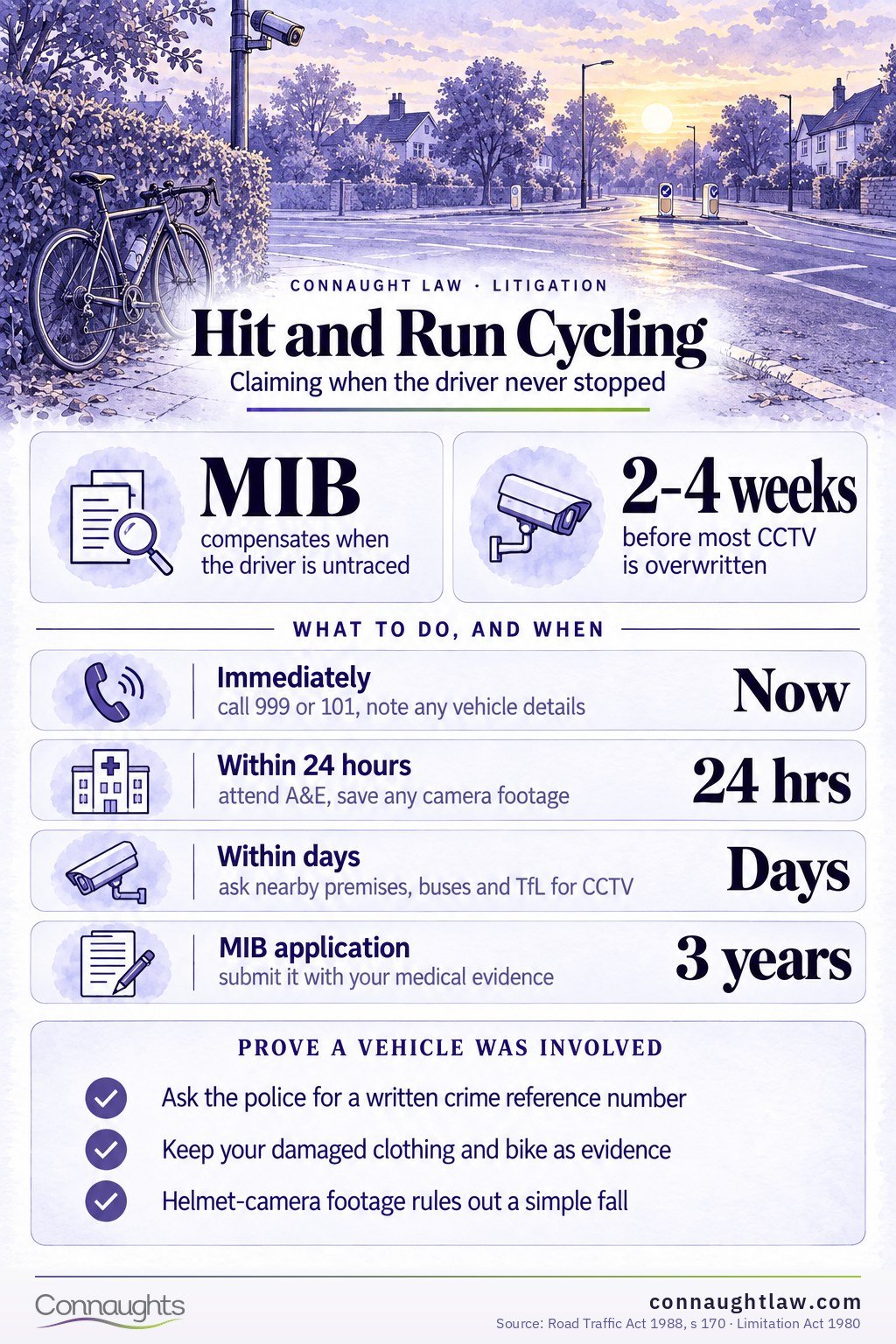 Hit and run cycling accident claim UK infographic — the MIB untraced drivers scheme timeline from police report to application