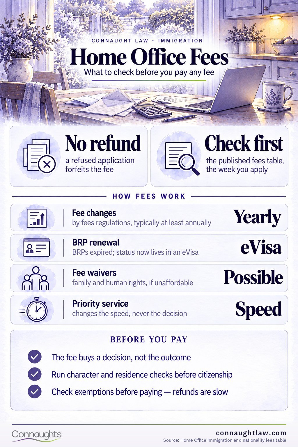Home Office fees infographic — the headline 2026 application costs and what is now free