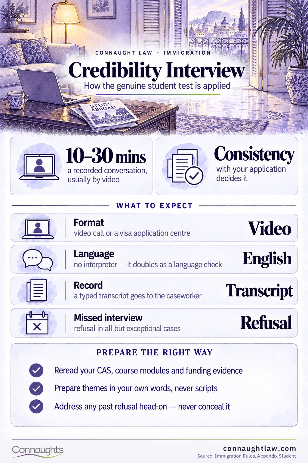 How to Pass the UK Student Visa Credibility Interview in 2026 infographic — what the credibility interview tests