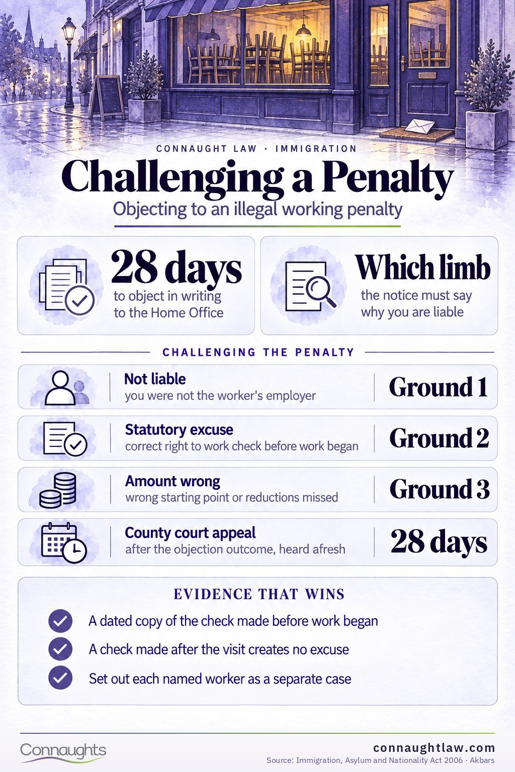 Challenging a Penalty Illegal working civil penalty infographic — penalty levels, objection window and the 2026 Supreme Court ruling