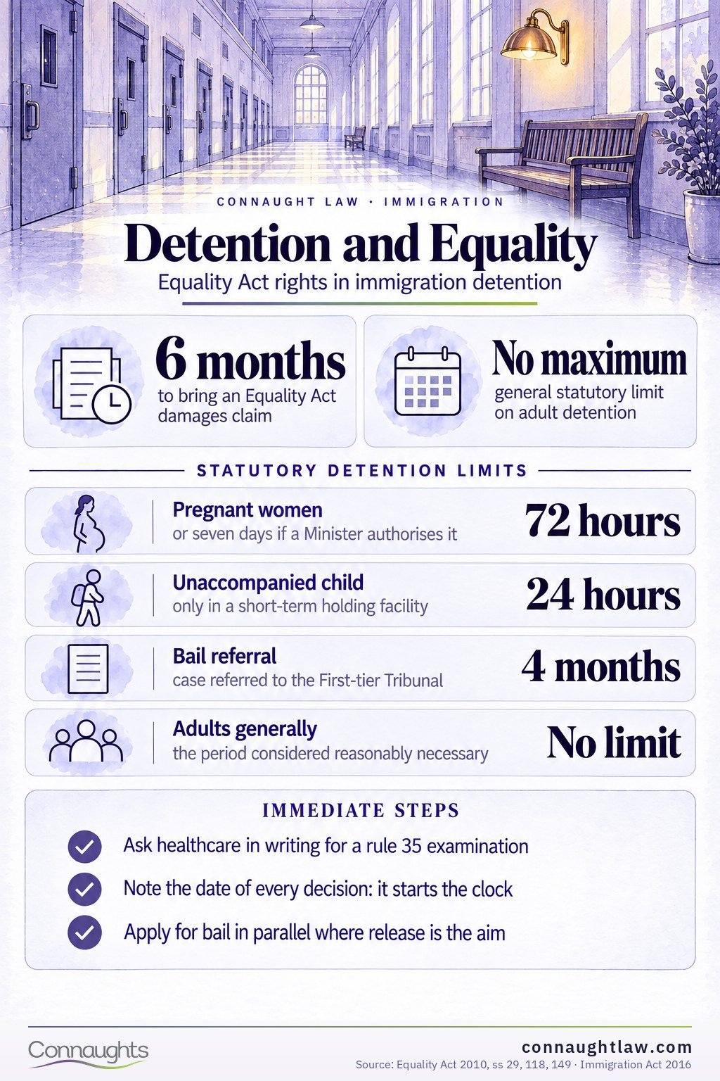 Immigration Detention Discrimination 2026 infographic — how long detention can last, by group