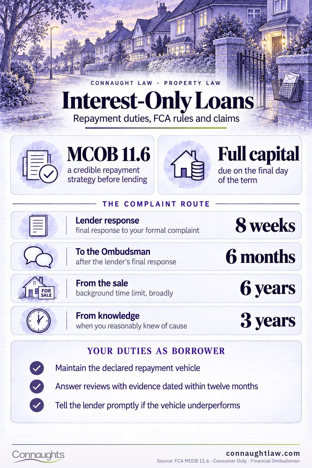 Interest-Only Loans Interest-only mortgages infographic — repayment vehicle duties, FCA rules and the claims route for borrowers