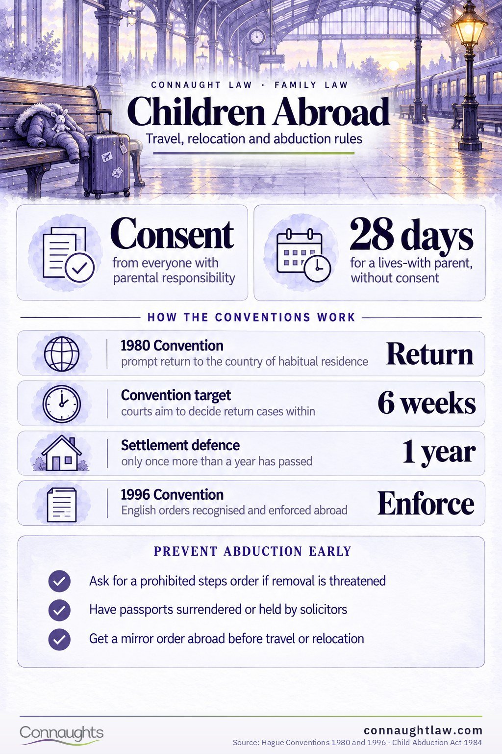 Taking a child abroad UK infographic — consent, relocation and Hague Convention rules for international families