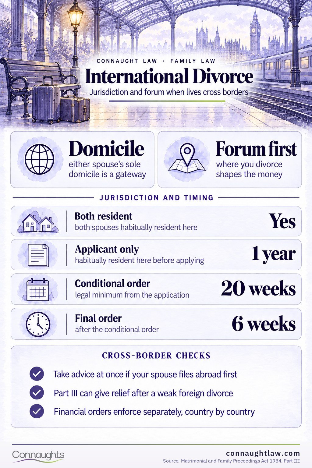 International divorce UK infographic — jurisdiction gateways, forum choice and cross-border financial relief