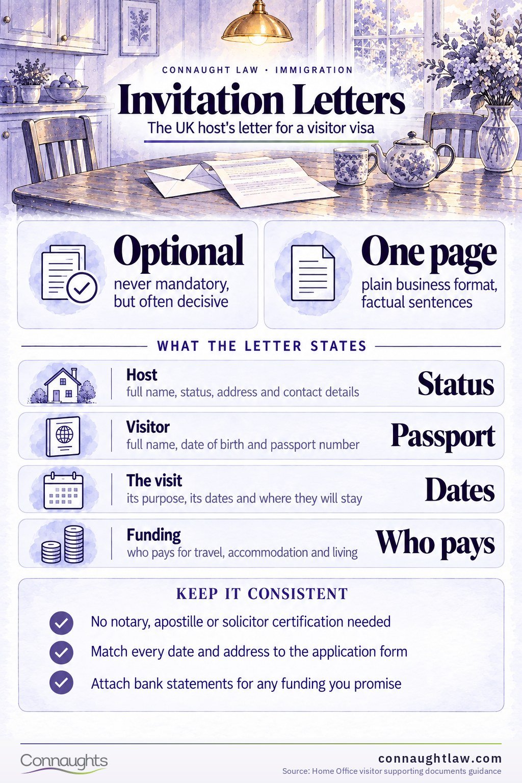 Invitation Letter for UK Visa 2026 infographic — what the host's letter must do