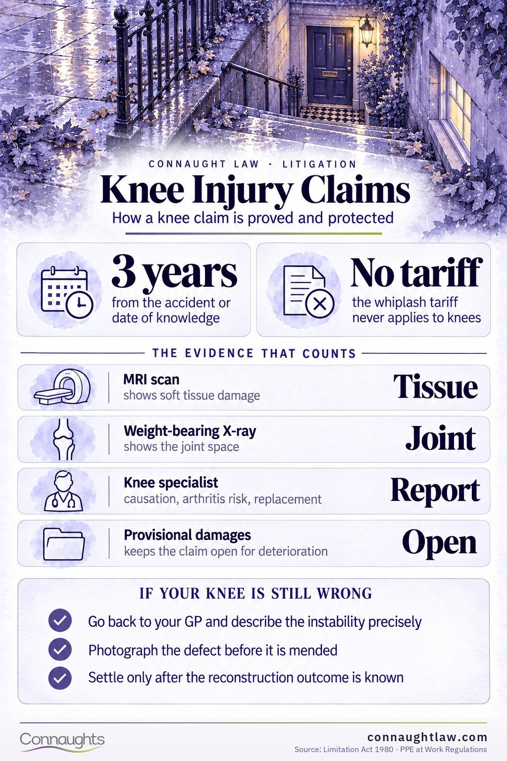Knee injury compensation UK infographic — Judicial College brackets from moderate soft tissue injuries to severe joint disruption (18th edition, April 2026)