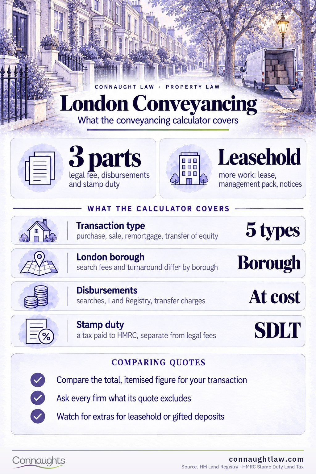 Conveyancing quote infographic — legal fee, disbursements at cost and stamp duty, why London costs more and how to read a cheap quote