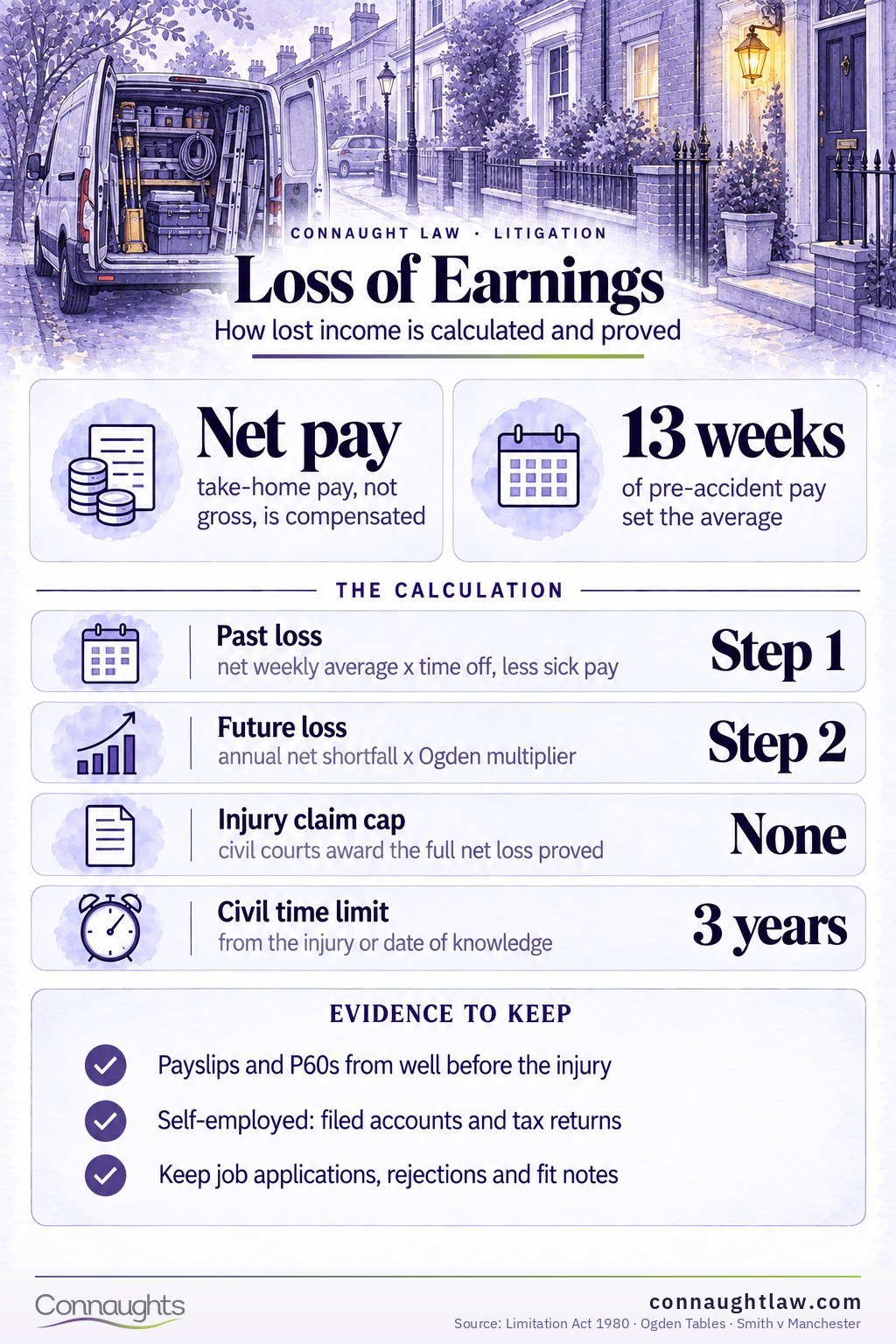 Loss of earnings compensation UK infographic — the five heads of an earnings claim from past earnings to pension loss and tribunal caps