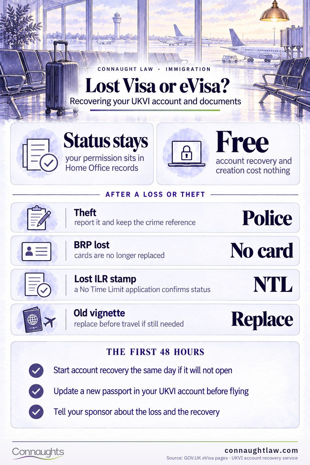 Recover UKVI Account Access and Lost Documents in 2026 infographic — what survives a lost document