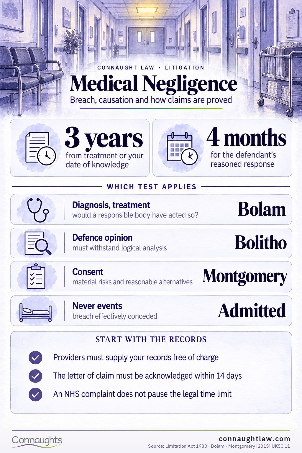 Medical negligence claim infographic — the four links of duty, breach, causation and loss, with Bolam and Montgomery case law and NHS Resolution timescales