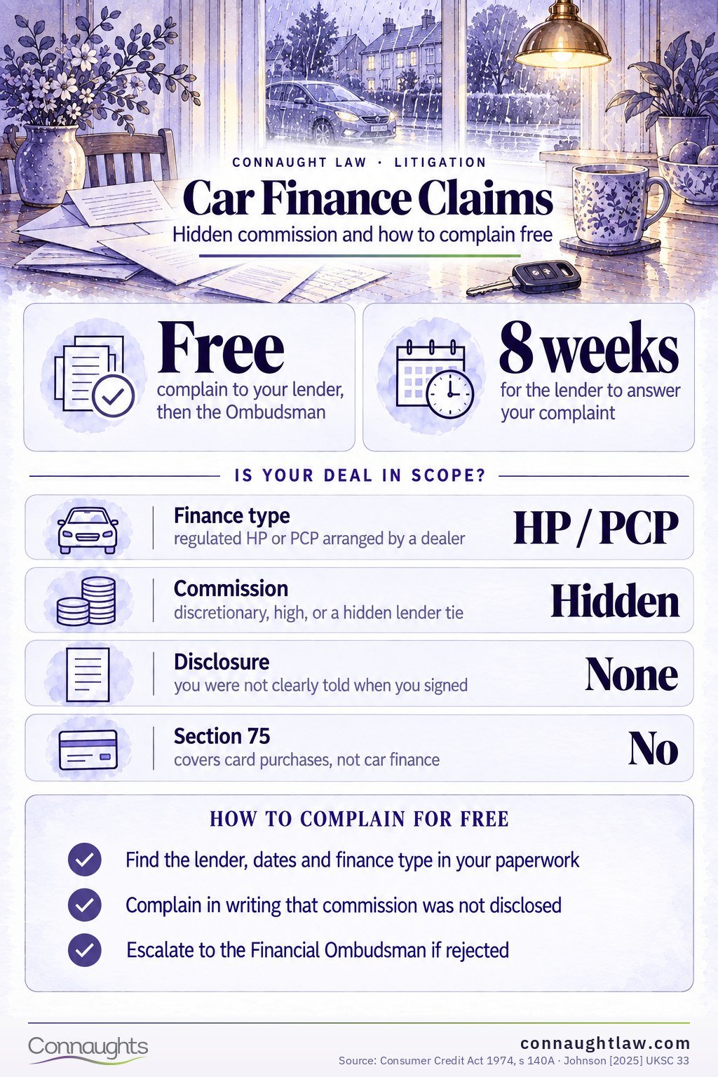 Car Finance Claims Mis-sold car finance claims UK infographic — hidden commission, the FCA redress scheme and how to complain