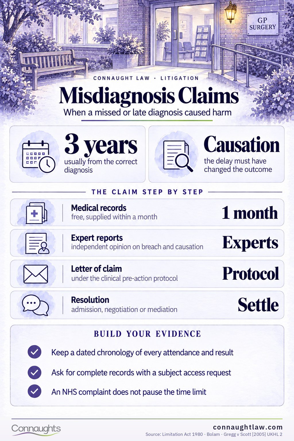 Misdiagnosis compensation claims UK infographic — the four elements of proof: duty, breach, causation and quantified loss
