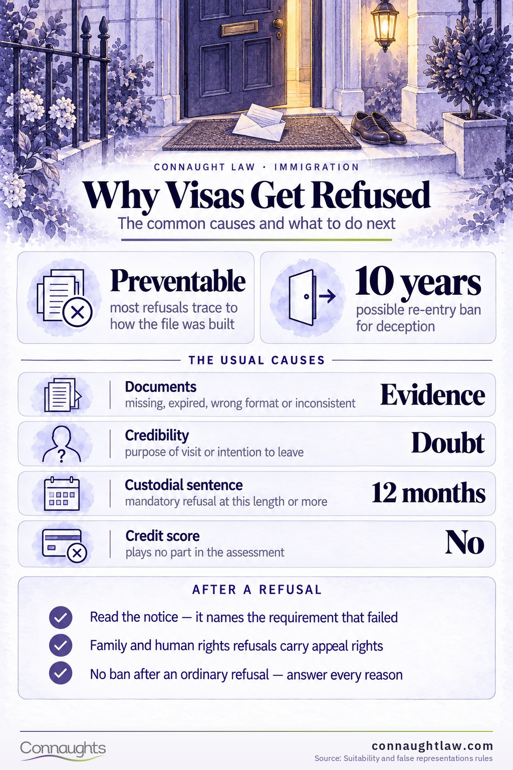 UK Visa Refusal Reasons 2026 infographic — the five causes behind most notices