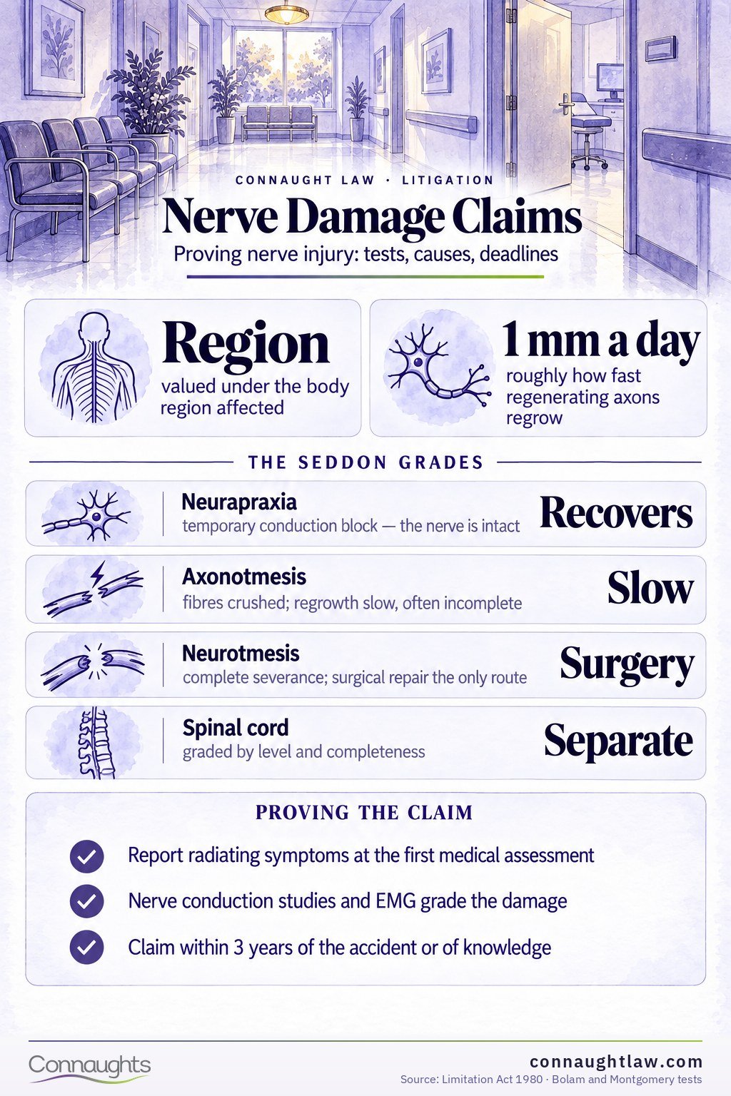 Nerve Damage Claims Nerve damage compensation UK infographic — Judicial College brackets from elbow and shoulder nerve injuries to paraplegia and tetraplegia (18th edition)