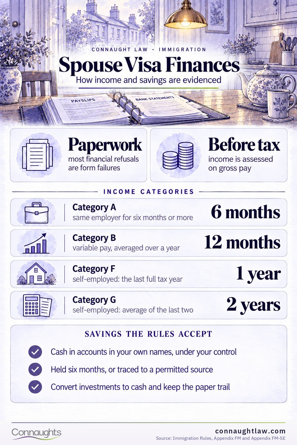 UK spouse visa financial requirement infographic — the cash savings ladder and what each level of savings replaces