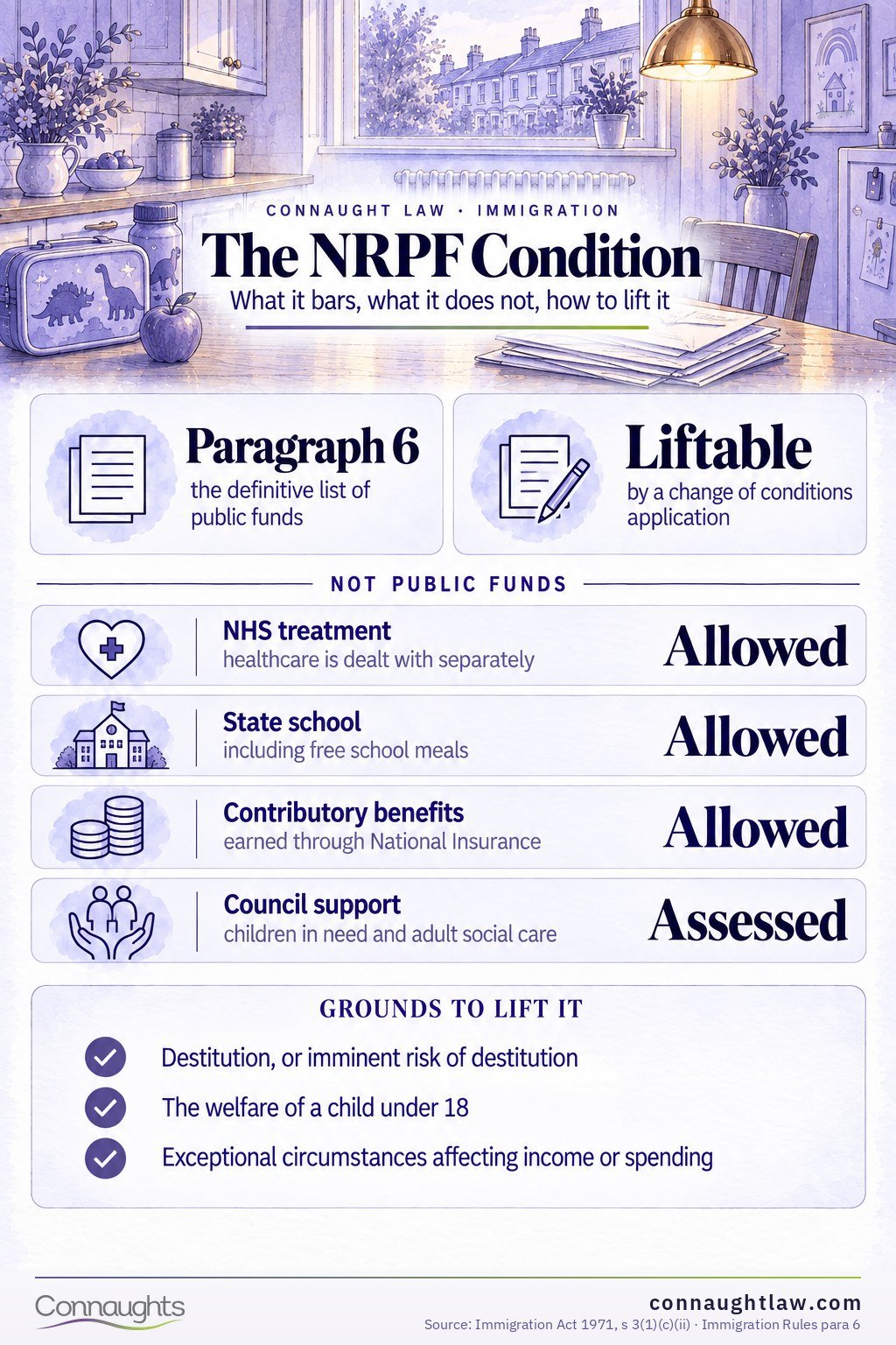 The NRPF Condition No Recourse to Public Funds 2026 infographic — the paragraph 6 list, grouped