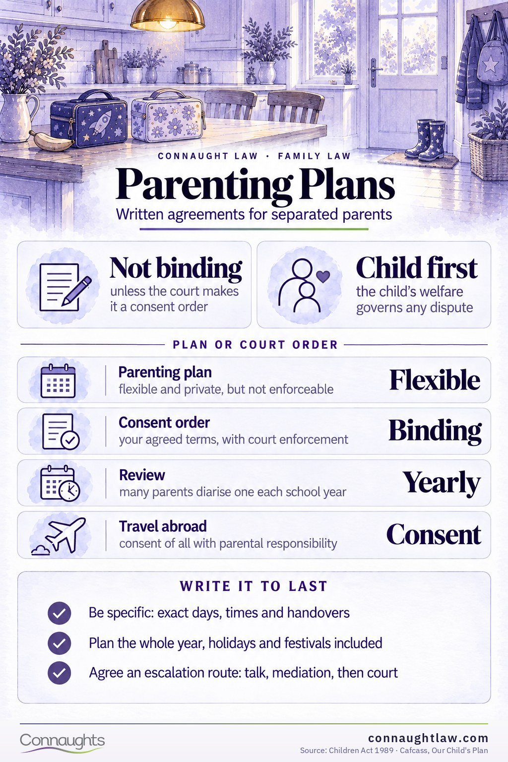 Parenting plans UK infographic — what a separated parents' agreement covers and how it compares with a child arrangements order