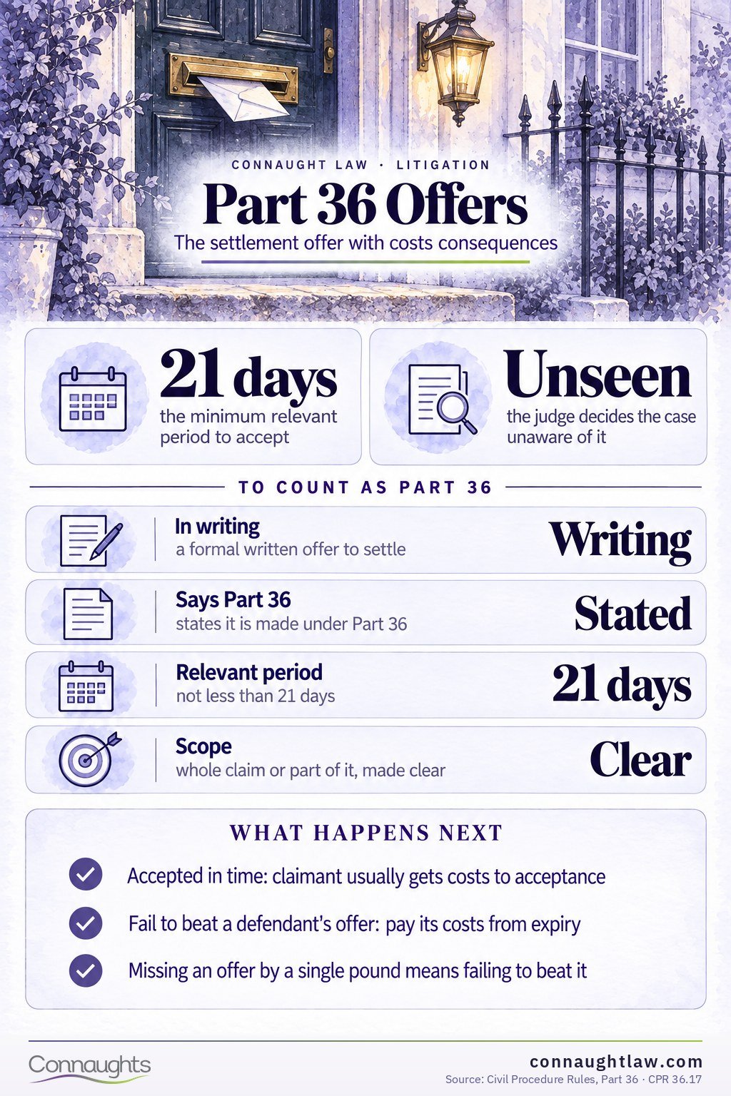 Part 36 Offers Part 36 offers UK infographic — 21-day relevant period, cost consequences, claimant uplift 10% first £500,000 and 5% next capped at £75,000