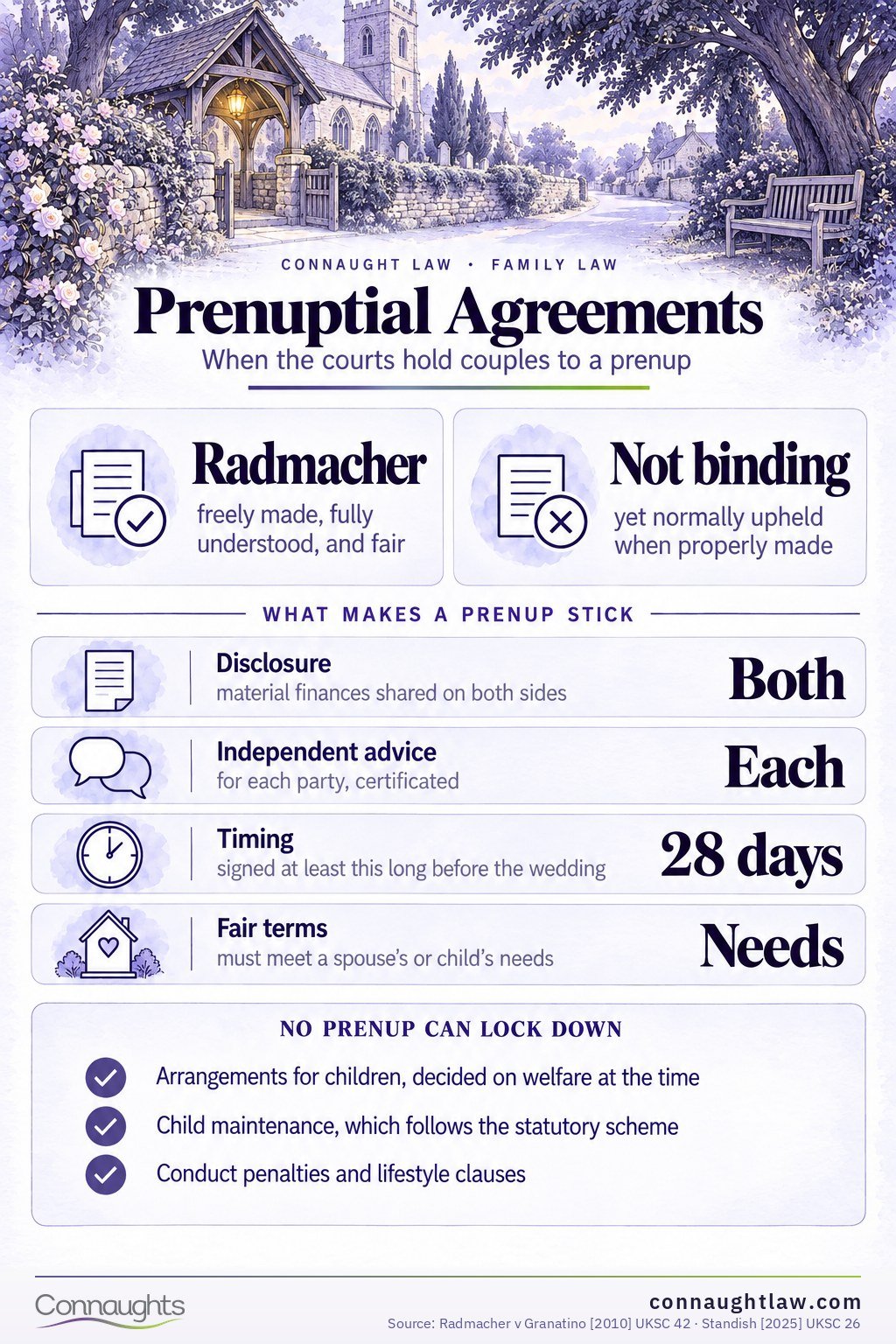 Prenuptial Agreements Prenuptial agreement UK infographic — requirements for an enforceable prenup: disclosure, independent advice, timing and fair terms